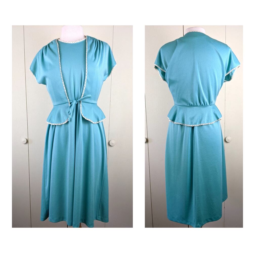 80s Women's Turquoise Sleeveless Sheath Dress & Peplum Jacket Set, Vtg Plus Size